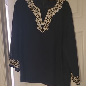Talbots Navy Top with Cream Loop Embroidery